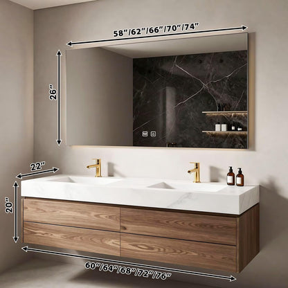 60”-84”Double Sink Floating Bathroom Vanity with LED Mirror, Wall Mounted Walnut Wood Vanity with White Marble Top & Storage