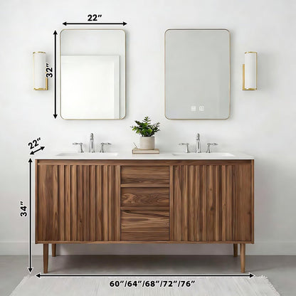 60”-84”Double Sink Freestanding Bathroom Vanity with 2 LED Mirrors, Walnut Wood Vanity with Fluted Panels & White Marble Top