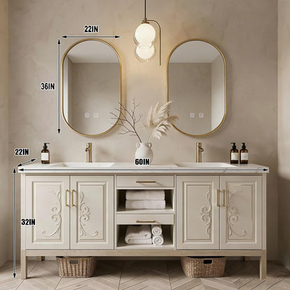 60"-96"Traditional Bathroom Vanity with Marble Top, Carved Doors & Storage