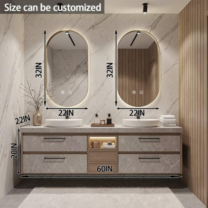 60"-84"Light Wood Bathroom Vanity with Double Vessel Sinks & Gold Framed LED Mirrors