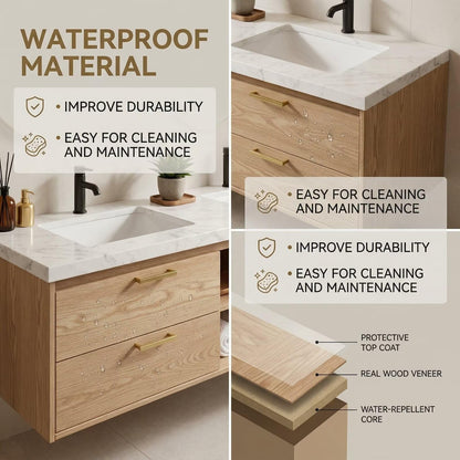 60”-84”Double Sink Floating Bathroom Vanity with Gold Oval Mirrors