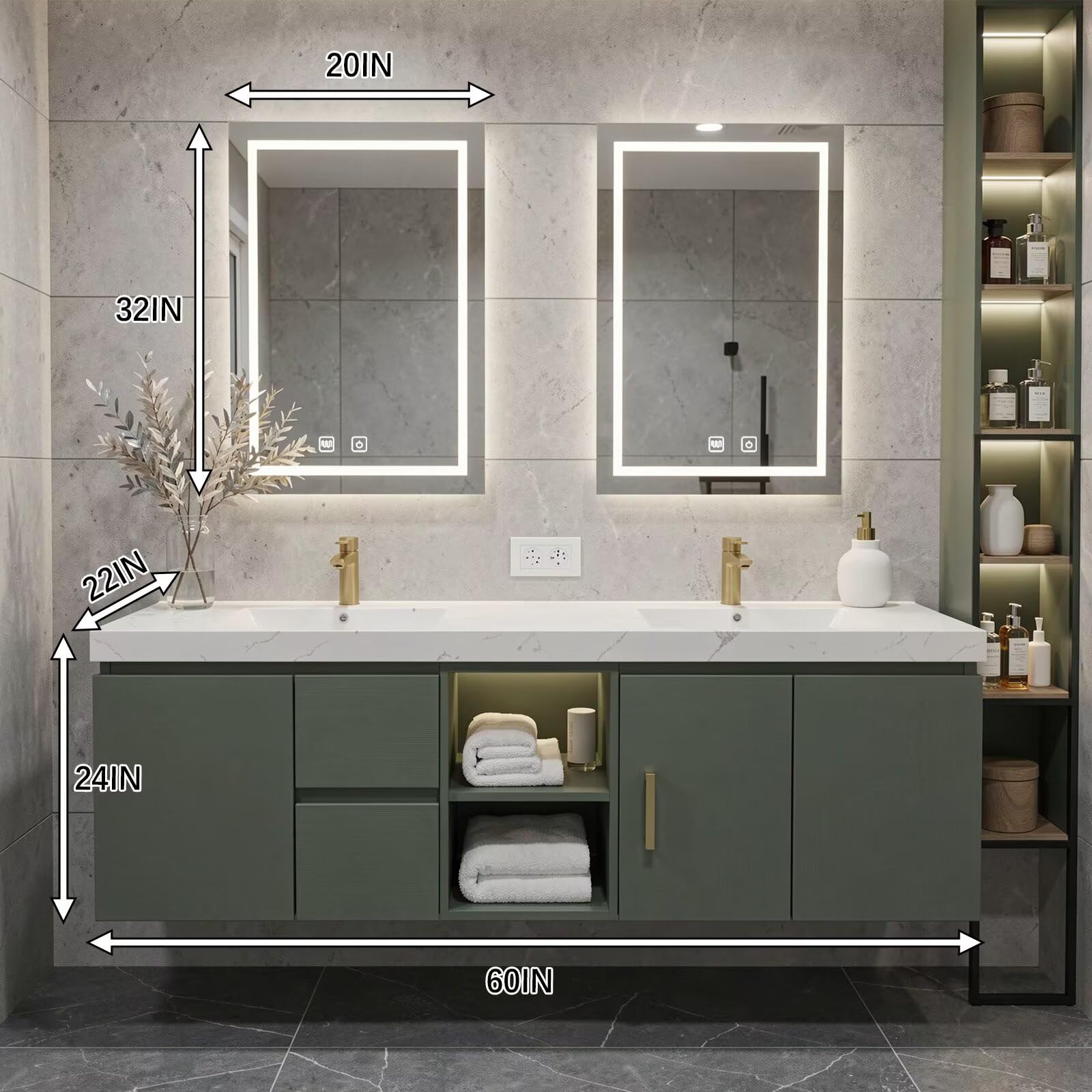 60”-96” Green Floating Bathroom Vanity with Double Sinks & LED Lighted Mirrors