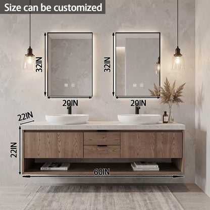 60"-84"Rustic Floating Bathroom Vanity with Double Vessel Sinks & LED Backlit Mirrors