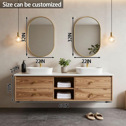 60"84"Modern Floating Oak Bathroom Vanity with Double Sinks & Gold Framed Oval Mirrors