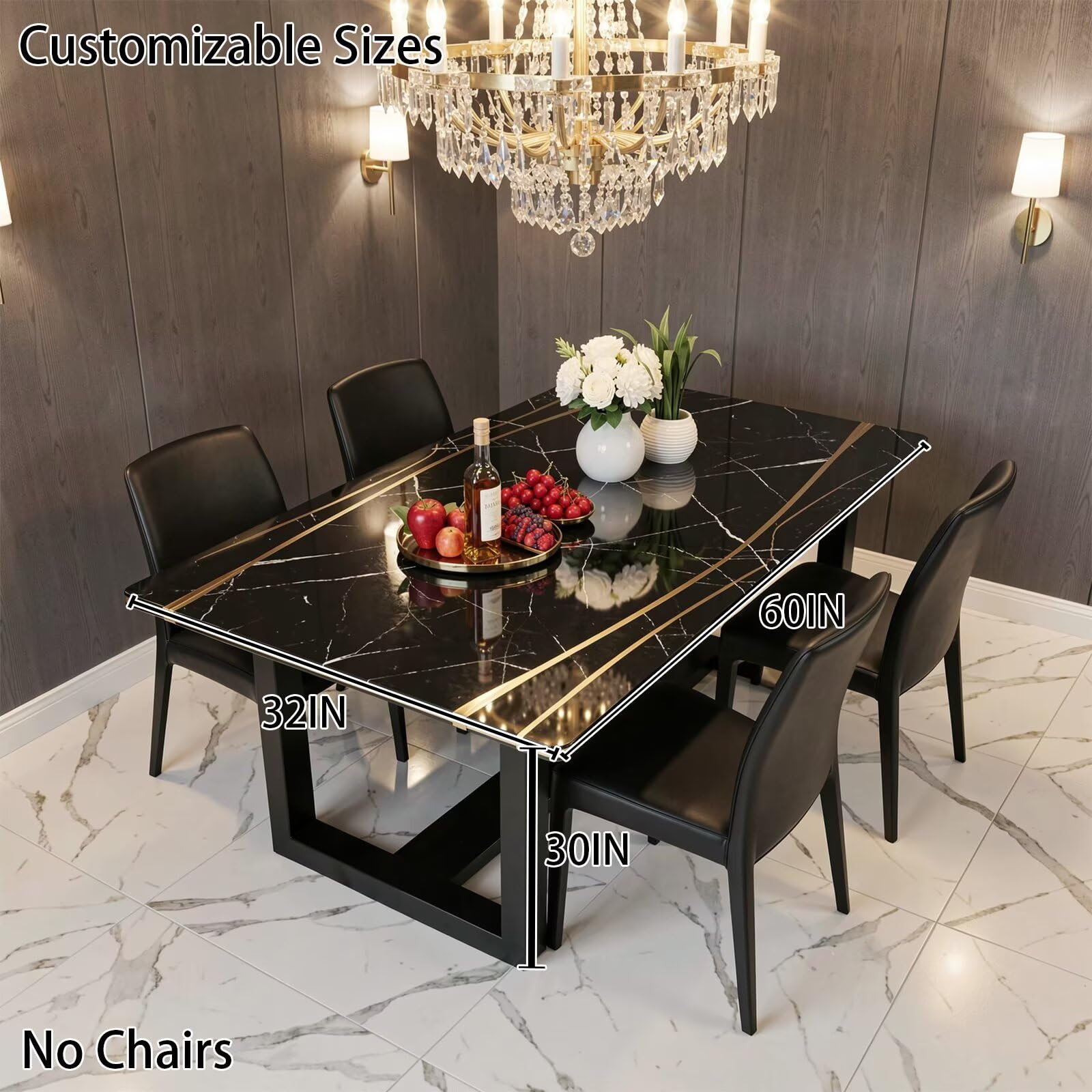 56"-96"Luxury Black Marble Dining Table with Gold Inlay & Sturdy Black Wood Base for Dining Room