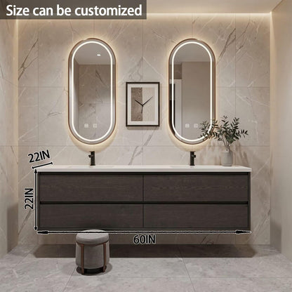 60”-84”Double Sink Floating Bathroom Vanity with Oval LED Mirrors, Dark Gray Wood Cabinet