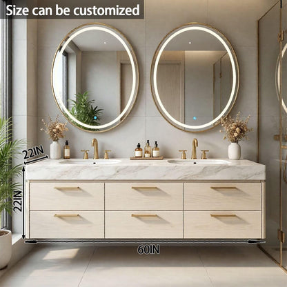 60"-84"Luxury Wall-Mounted Double Sink Vanity with LED Oval Mirrors & Gold Handles