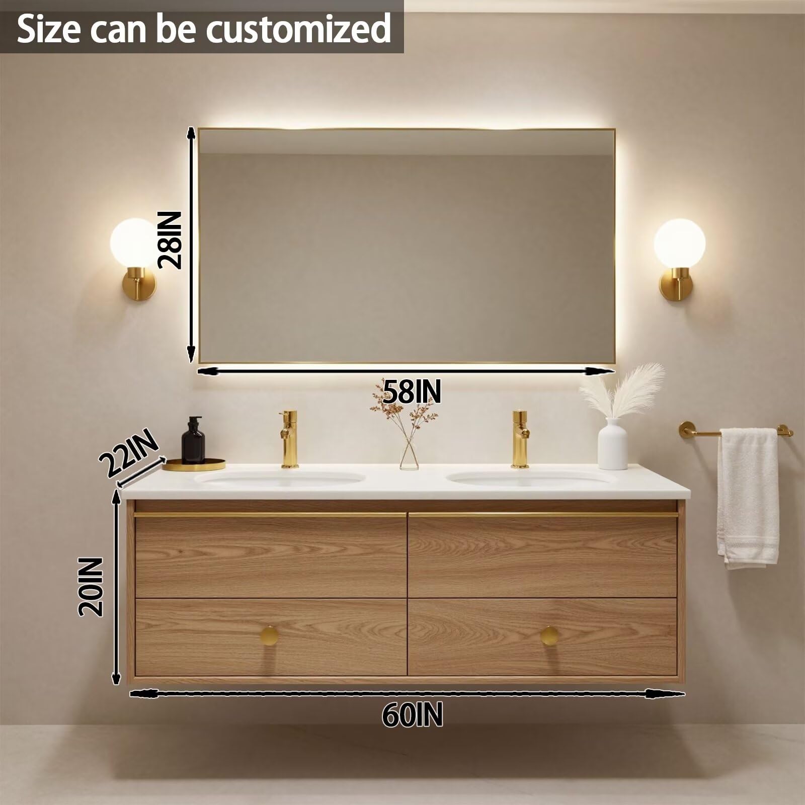60"-84"Light Oak Floating Bathroom Vanity Set with Gold Hardware & LED Mirror