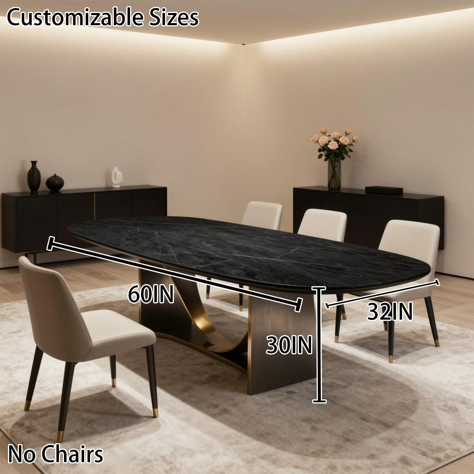 56"-96"Luxury Black Marble Oval Dining Table, Contemporary Table with Gold Metal Legs