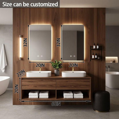 60"-84"Wall-Mounted Bathroom Vanity Set with Wood Top & Backlit Rectangular Smart Mirrors