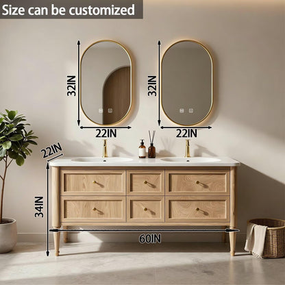 60"-84"Modern Light Oak Bathroom Vanity Set with Gold Hardware & White Top