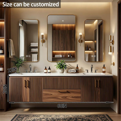 60”-84”Double Sink Floating Bathroom Vanity with Gold Mirrors, Walnut Fluted Wood Cabinet