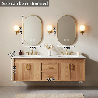 60"-84"Floating Oak Bathroom Vanity with Double Sinks & LED Oval Mirrors