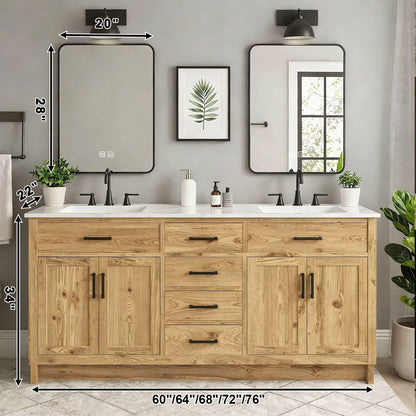 60”-84”Double Sink Bathroom Vanity with LED Mirrors, Freestanding Solid Wood Cabinet with Marble Top, Natural Oak