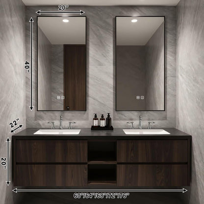 60”-84”Double Sink Floating Bathroom Vanity, Dark Walnut Cabinet with Open Shelf & LED Mirrors