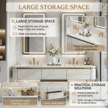 60”-84”Double Sink Bathroom Vanity with LED Lighted Mirrors, Marble Countertop & Gold Trim