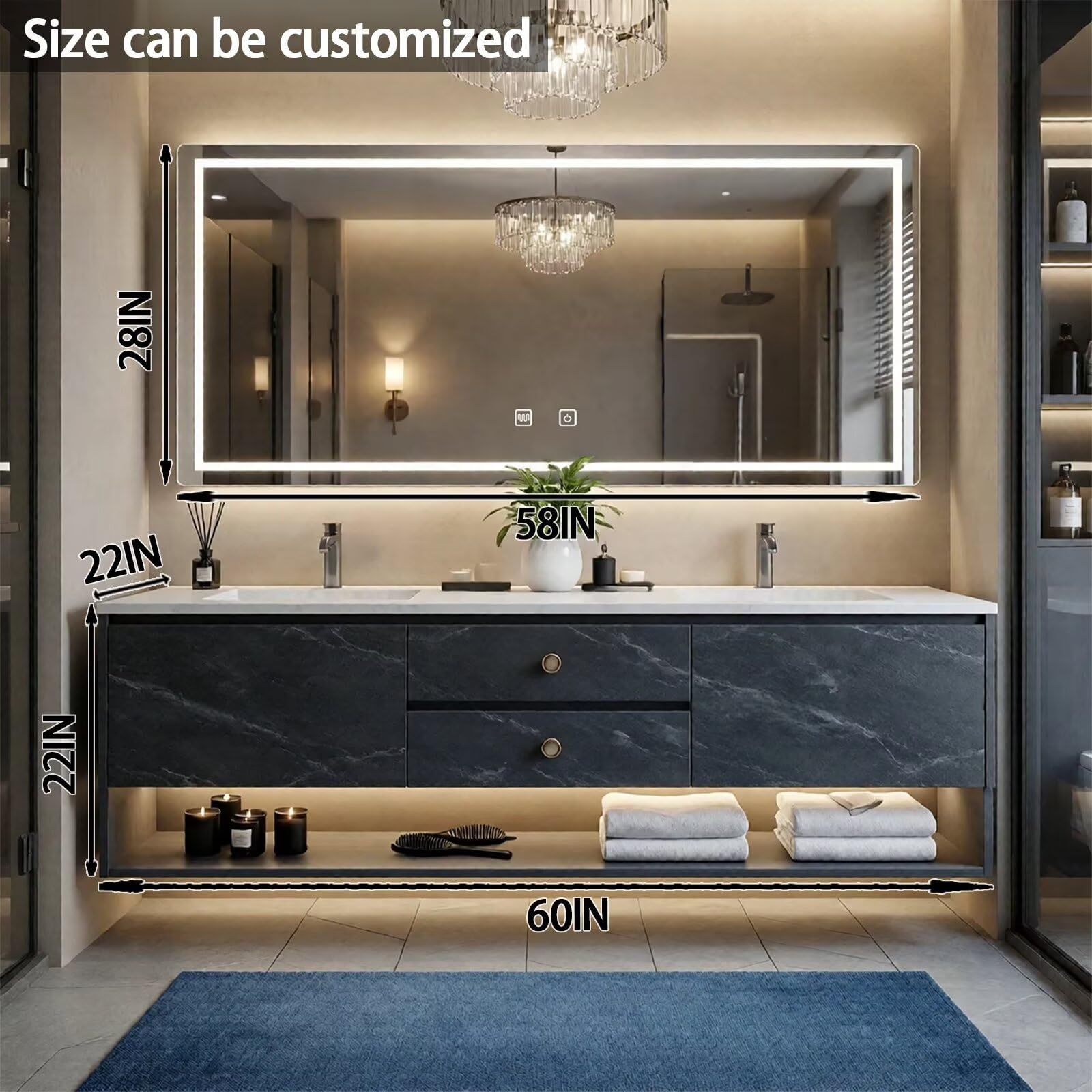 60”-84”Double Sink Floating Bathroom Vanity with LED Backlit Mirror, Black Marble Cabinet