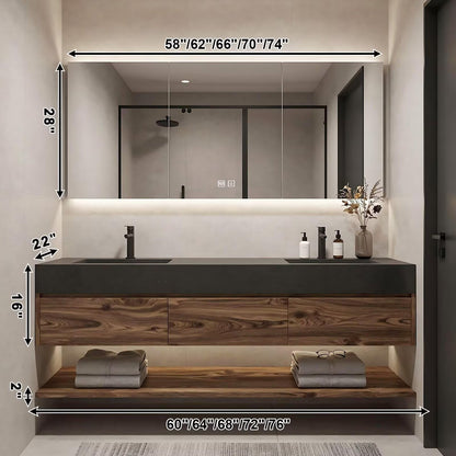 60”-84”Double Sink Floating Bathroom Vanity with LED Mirror Cabinet, Walnut Wood Vanity with Black Stone Top & Open Shelf