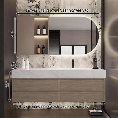 40”-72”Floating Bathroom Vanity with Asymmetrical LED Mirror & Open Shelf, Light Oak Wall Mounted Vanity with Marble Top