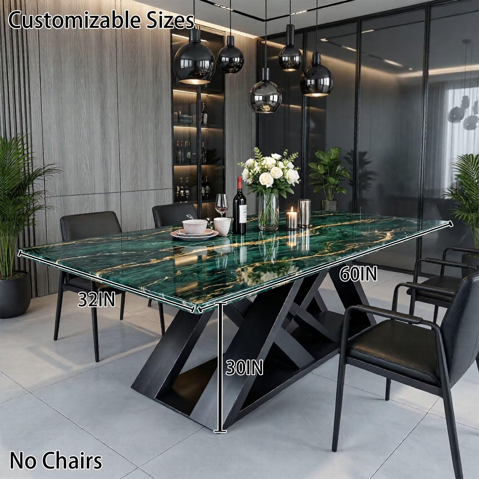 56"-96"Luxury Green Marble Dining Table, Contemporary Rectangular Table with X-Shaped Metal Legs