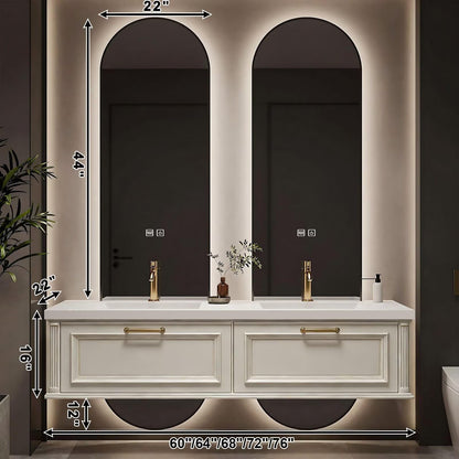 60”-84”Floating Double Sink Bathroom Vanity with LED Arch Mirrors, Wall Mounted Cream White Vanity with Gold Handles, Modern Bathroom Cabinet