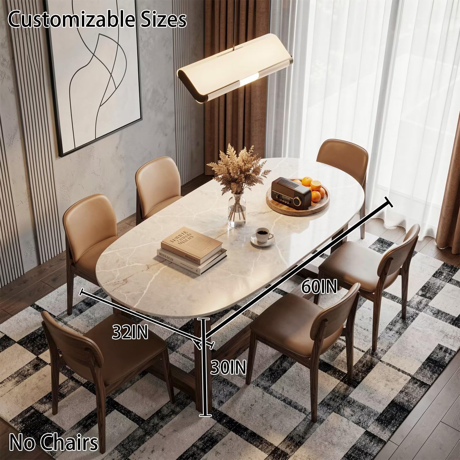 56"-96"Oval White Marble Dining Table, Modern Kitchen Table with Solid Wood Pedestal Base
