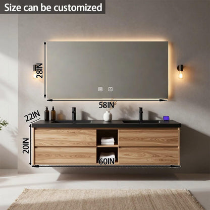 60"-84"Floating Oak Bathroom Vanity with Double Sinks & LED Mirror