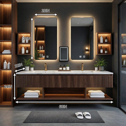 60”-96” Modern Walnut Floating Bathroom Vanity with Double sinks, Fluted Panels & LED Lighted Medicine Cabinets