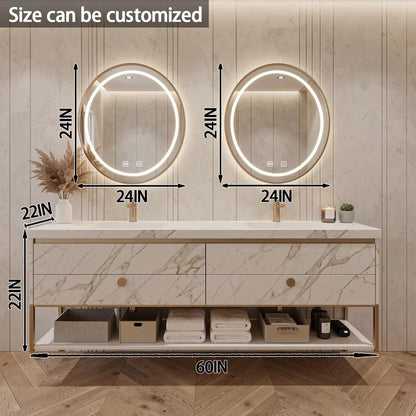 60"-84"Freestanding Marble Bathroom Vanity with Double Sinks & LED Round Mirrors