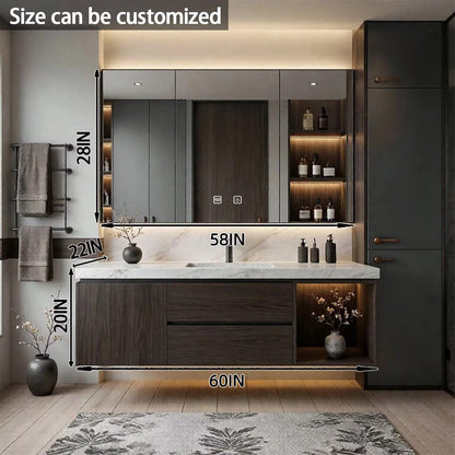 40”-64”Single Sink Floating Bathroom Vanity with LED Mirror Cabinet, Dark Walnut Wood Cabinet