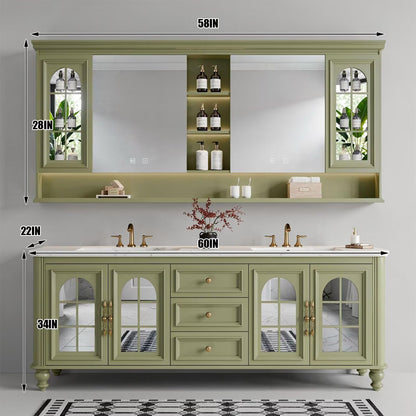 60”-96”Traditional Sage Green Bathroom Vanity with Double Sinks & Glass Door Storage