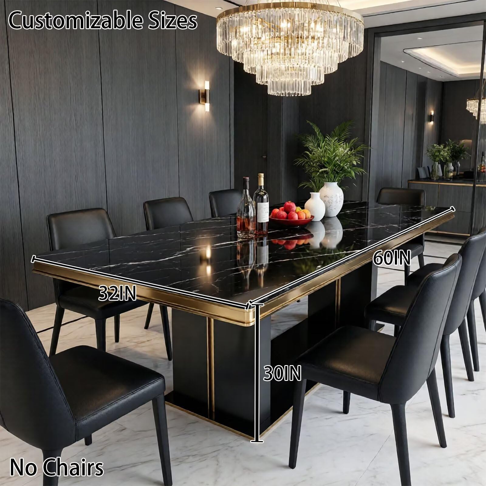 56"-96"Modern Black Marble Dining Table with Gold Accent & Sturdy Base for Large Family Meals