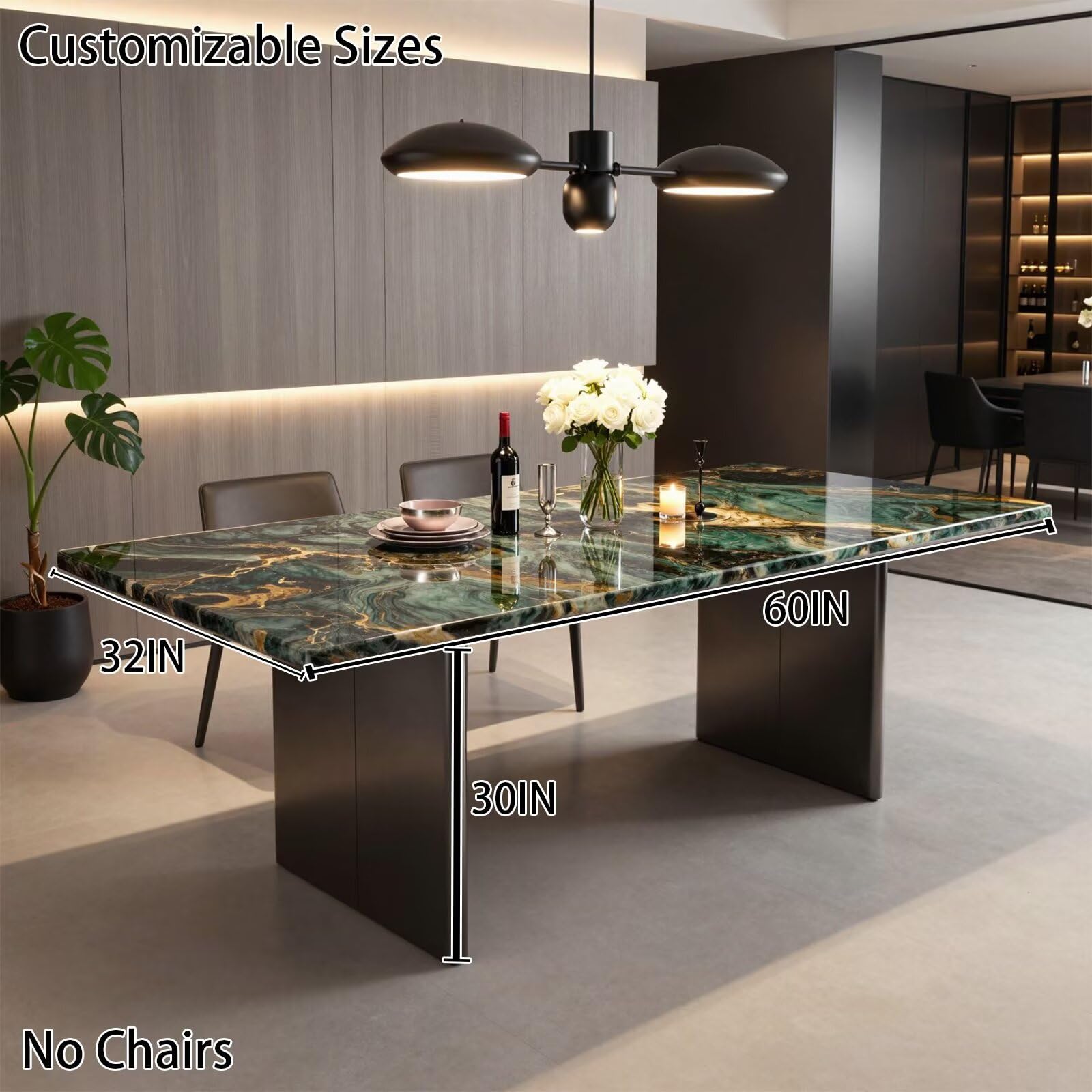 56"-96"Luxury Green Gold Marble Dining Table, Modern Rectangular Kitchen Table with Black Metal Base