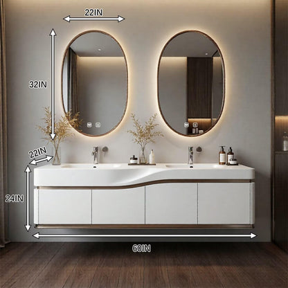 60”-96”Sleek White Bathroom Vanity with Backlit LED Mirrors, Integrated Double Sinks & Gold Trim