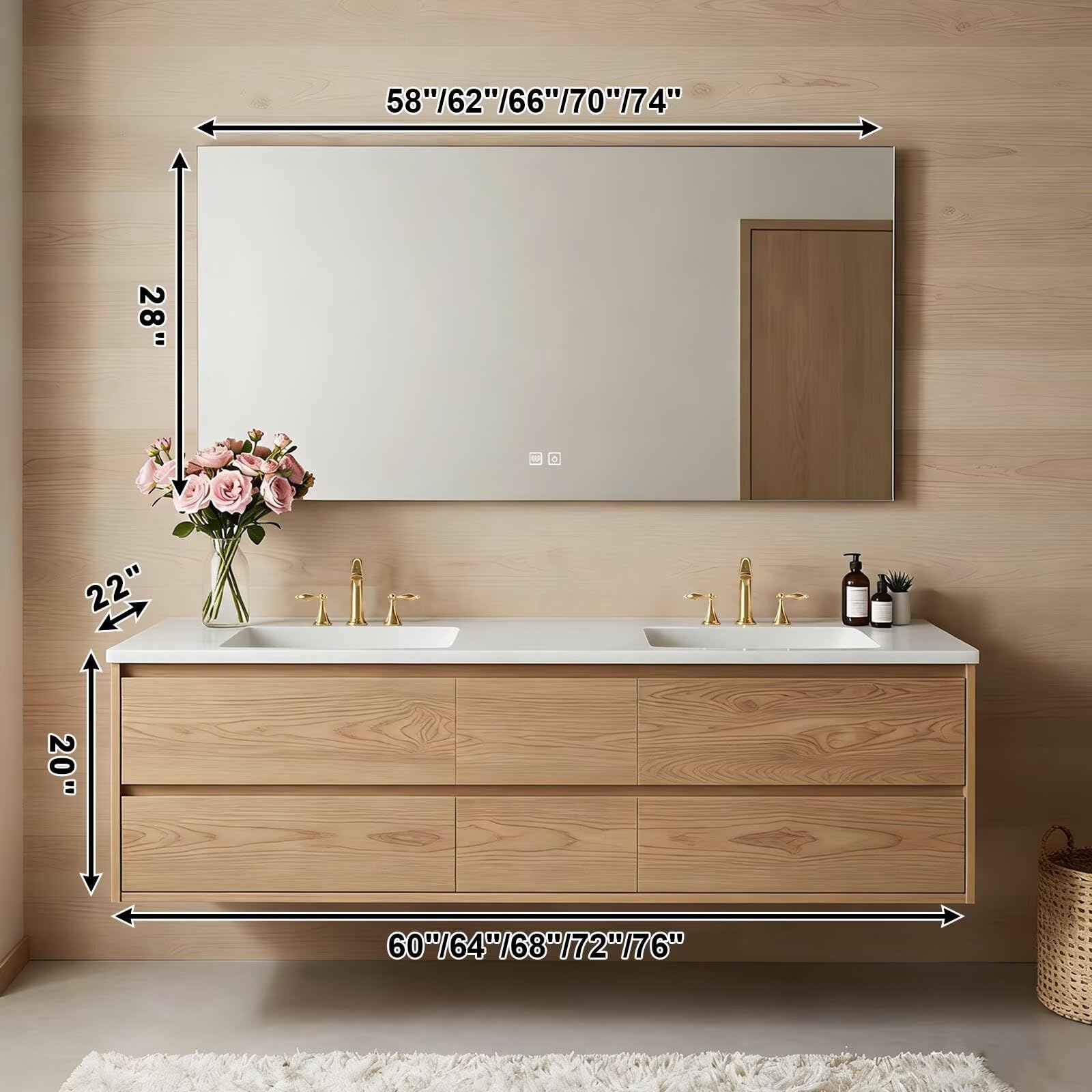 60”-84” Floating Double Sink Bathroom Vanity with LED Defog Mirror, Wall Mounted Oak Wood Vanity with Storage Drawers