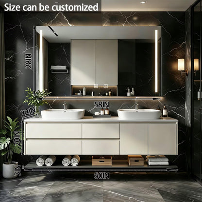 60”-84”Double Sink Floating Bathroom Vanity with LED Mirror Cabinet, Off-White Modern Cabinet