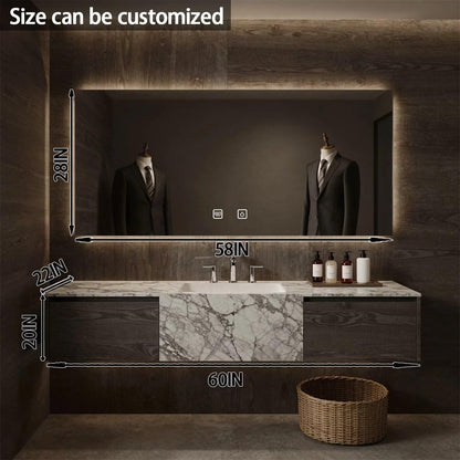 52”-72”Single Sink Floating Bathroom Vanity with LED Backlit Mirror, Dark Marble & Wood Cabinet