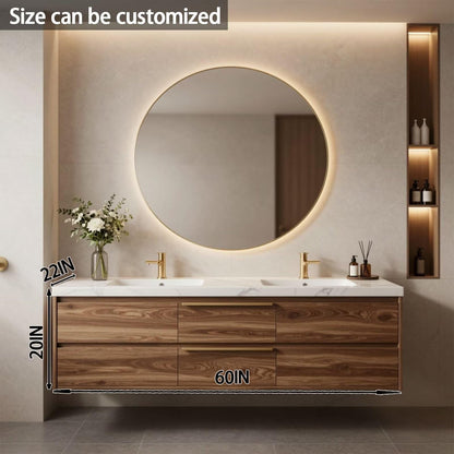 60"-84"Light Wood Wall-Mounted Vanity with White Marble Top & Gold Hardware Handles