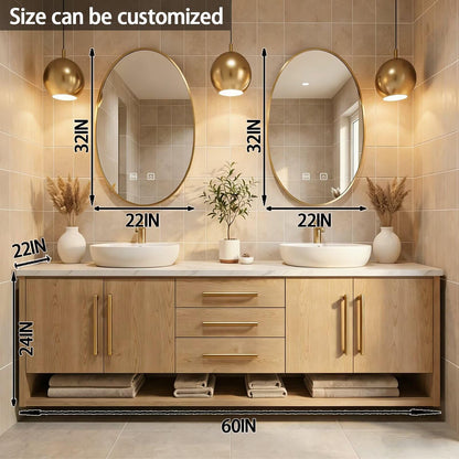 60”-84”Double Sink Floating Bathroom Vanity with Gold Oval Mirrors, Light Wood Cabinet & Gold Hardware