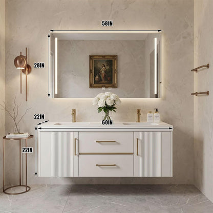 60”-96”White Floating Bathroom Vanity with Double Sinks & LED Lighted Mirror