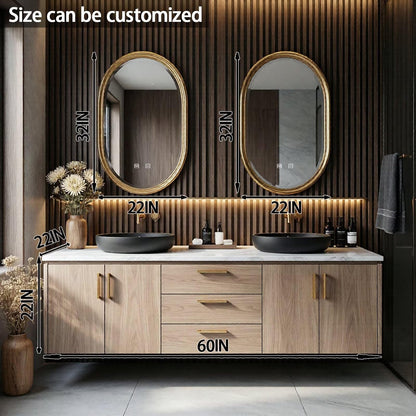 60"-84"Double Sink Bathroom Vanity, Natural Wood Cabinet with White Marble Countertop