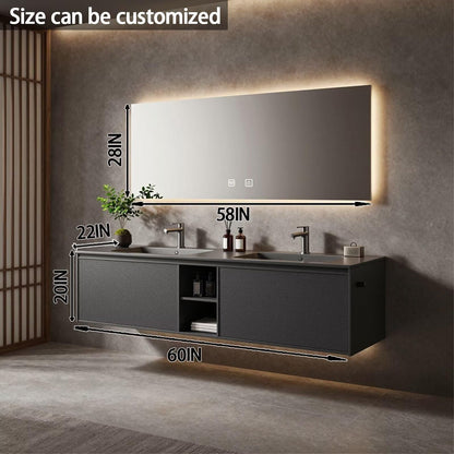 60”-84”Double Sink Floating Bathroom Vanity with LED Backlit Mirror, Dark Gray Textured Cabinet