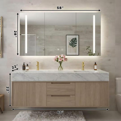 60"-84"Modern Light Oak Floating Bathroom Vanity with Double Sinks & Marble Top