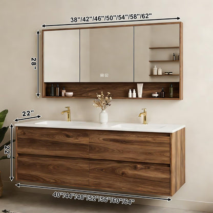 60”-84”Floating Double Sink Bathroom Vanity with LED Defog Mirror Cabinet, Wall Mounted Walnut Wood Vanity with Storage Drawers