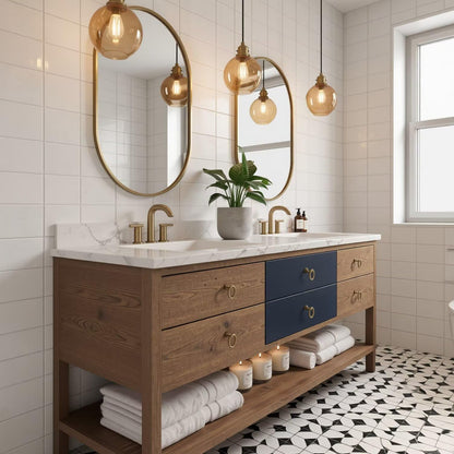 60"-96"Freestanding Bathroom Vanity with Open Shelf & Round Gold Hardware