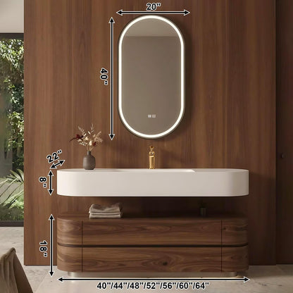 40”-64”Floating Bathroom Vanity with Oval LED Defog Mirror, Wall Mounted Walnut Wood Vanity with Integrated Sink & Storage Drawers