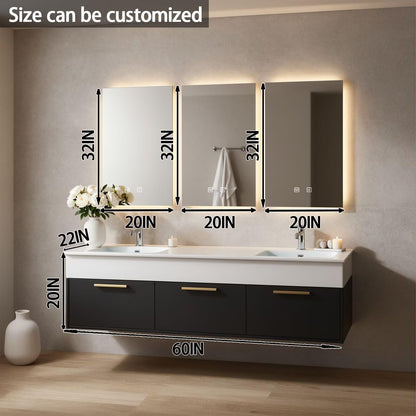 60”-84”Double Floating Vanity, Black Wood Cabinet with White Stone Counter & Gold Handles