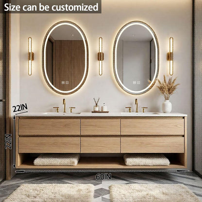 60"-84"Modern Light Wood Bathroom Vanity with Storage Drawers & Dual Smart LED Mirrors