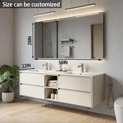 60"-84"Modern White Wood Bathroom Vanity with Open Storage & Integrated Sinks, LED Mirror