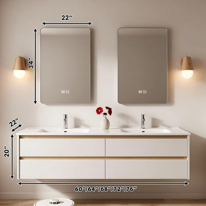 60”-84” Double Sink Floating Bathroom Vanity with 2 LED Mirrors, White Wall Mounted Vanity with Light Oak Accents